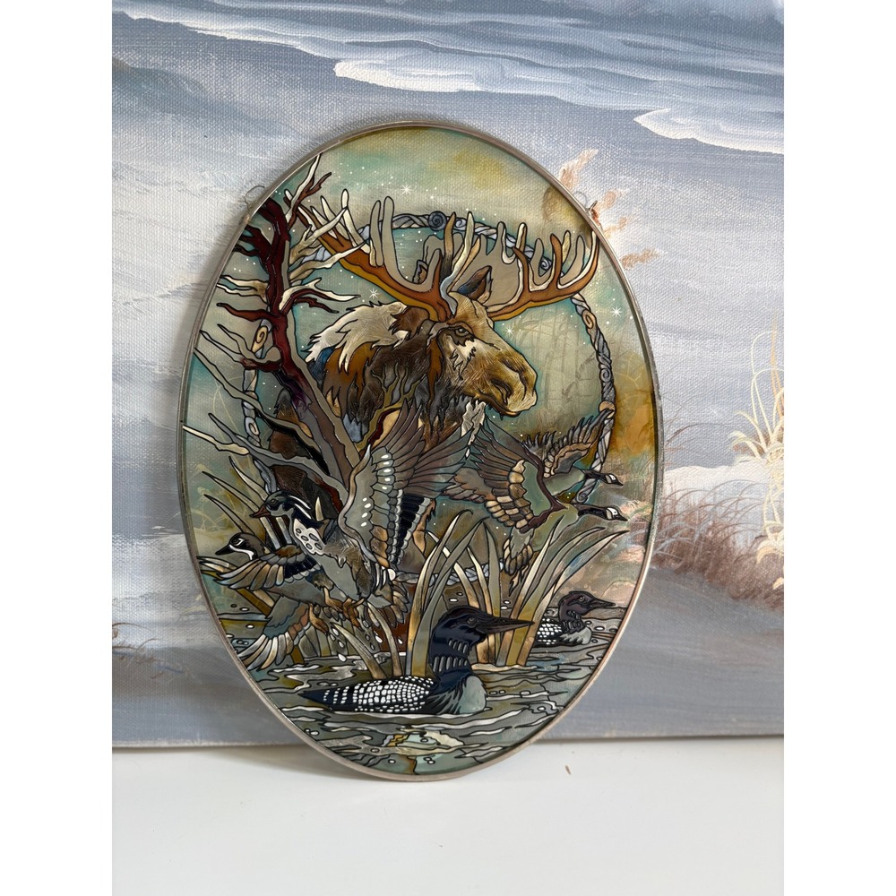 AMIA Handpainted Glass Suncatcher Moose Loon Ducks Wildlife Oval Art Decor 8"